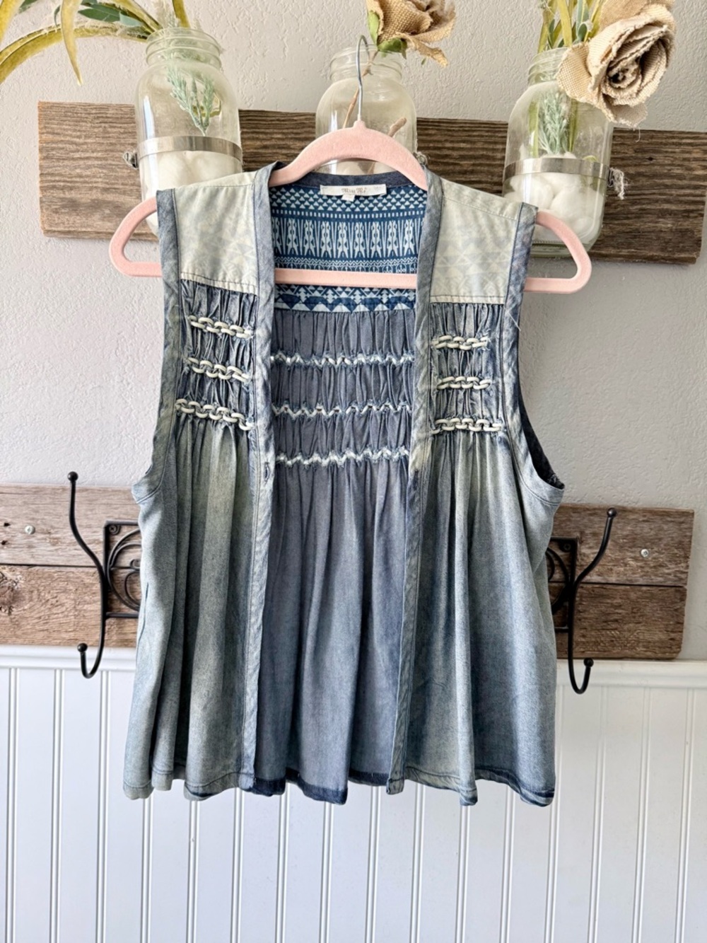 Miss Me Gray Washed Boho Vest with Embroidered Back Panel